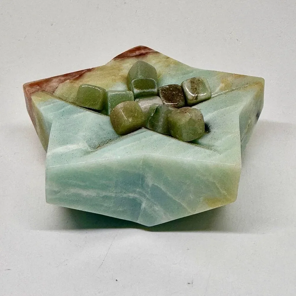 Caribbean Calcite Star Bowl‎ w Green Aventurine Cubes Crystal Decor